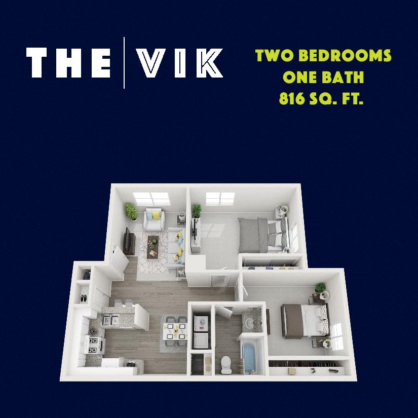 Floor plan for 2 beds, 1 bath, 816 sqft